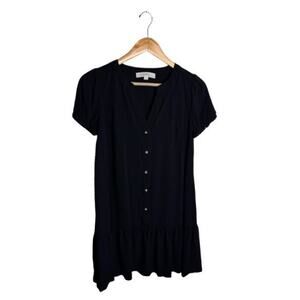 Loft Petites Mini Dress Button Up Black Ruffled Hem Size XSP V Neck